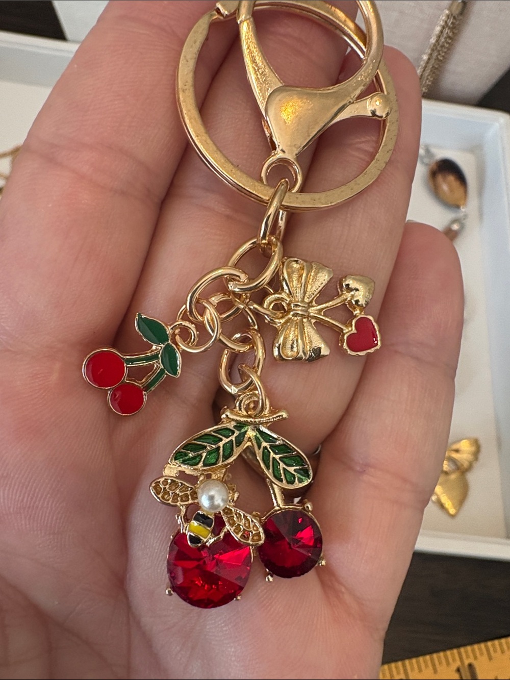 Gold-Tone Cherry Charm Keychain with Red Crystal Drops